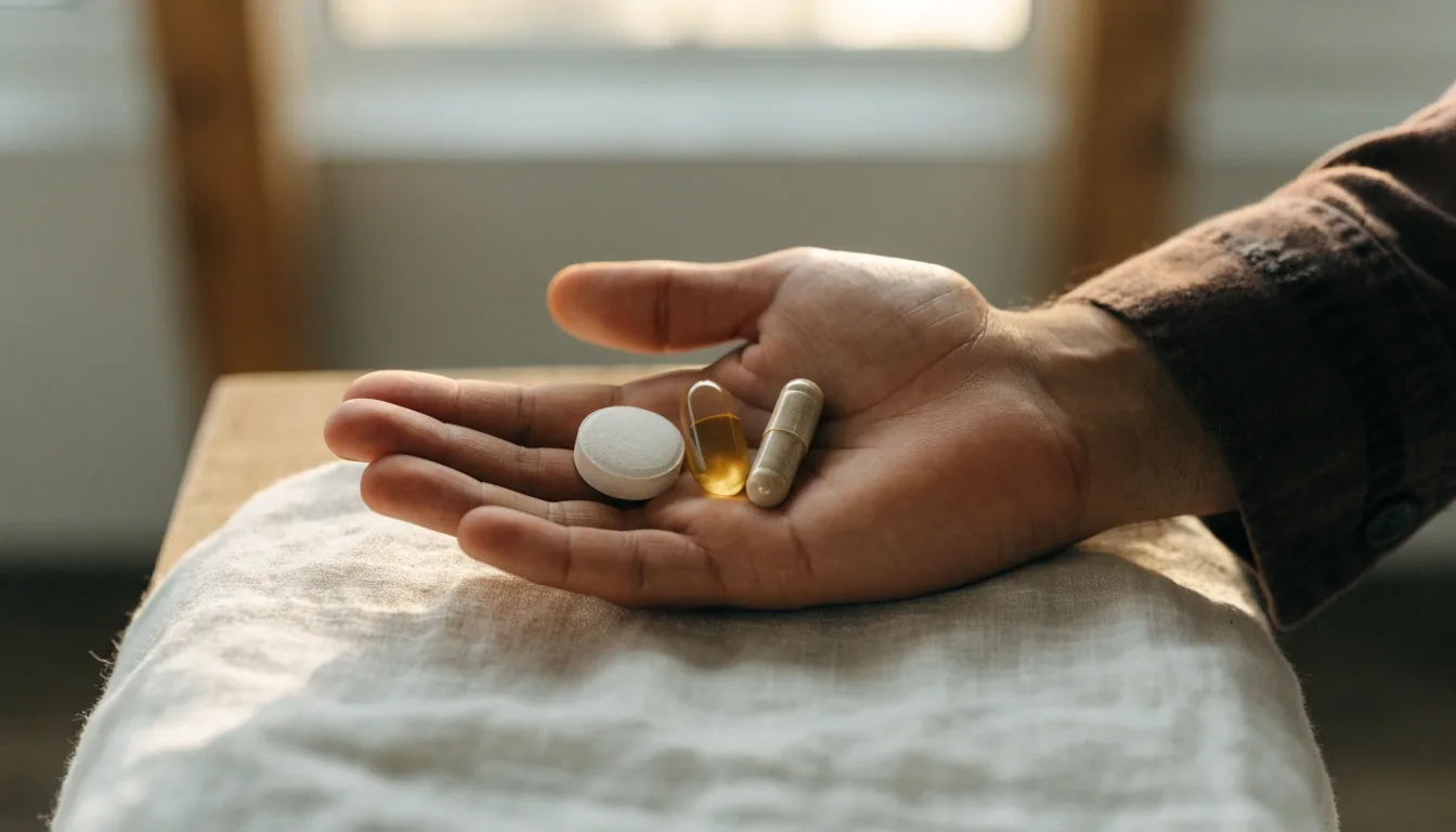 Tabletki, softgels i kapsułki rozłożone obok siebie na matowym tle