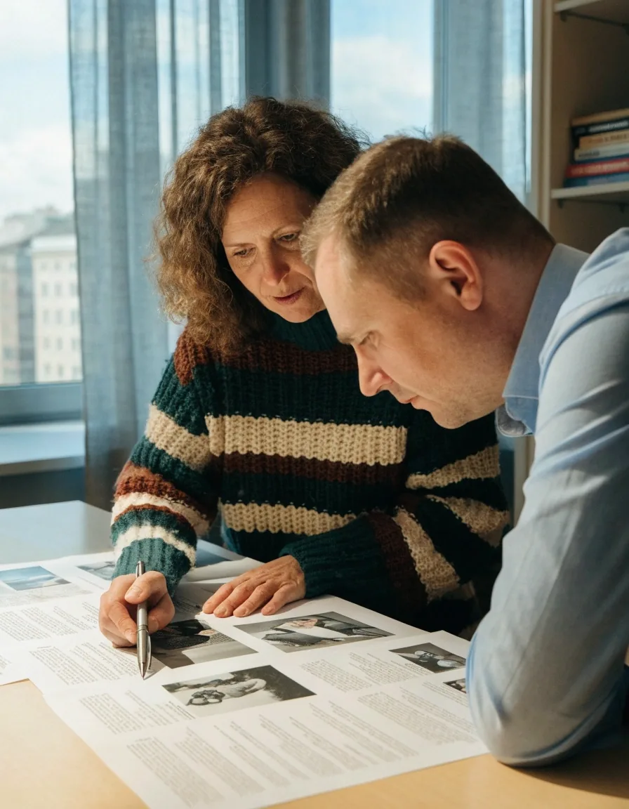 Dwie osoby z redakcji sprawdzają wydruk artykułu o suplementach przy jasnym stole
